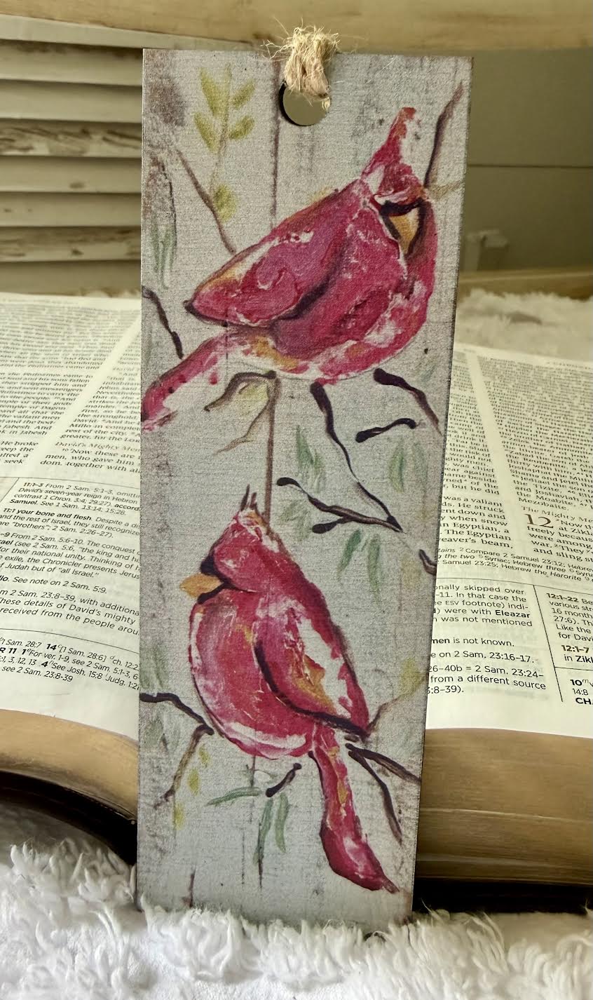 Wood Bookmark with Tassel: Twin Cardinals