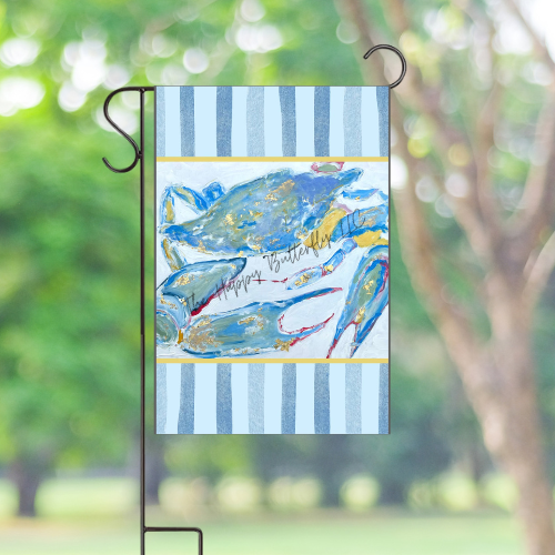 Coastal Crab Garden Flag displayed in a sunny garden. A great Spring or Summer yard flag!