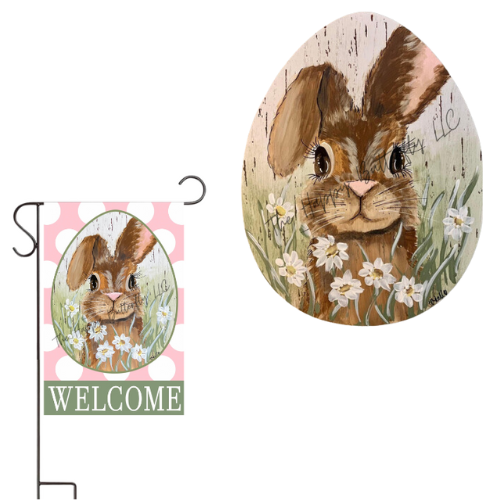 Close-up of Watchful Wilbur Easter Bunny Door Hanger, Garden & Yard Flag showing hand-painted details and soft spring colors, and egg shaped design.