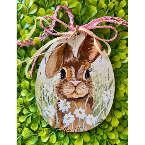 Handcrafted Easter ornament with pastel blooming flowers, and an adorable bunny, perfect for your Easter wreath or spring decor.