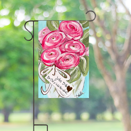 Spring Garden Flag with Floral Design Outside on Stand