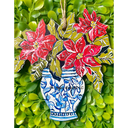 Red Poinsettia / Blue Chinoiserie Vase | Multi-Use Custom Ornament