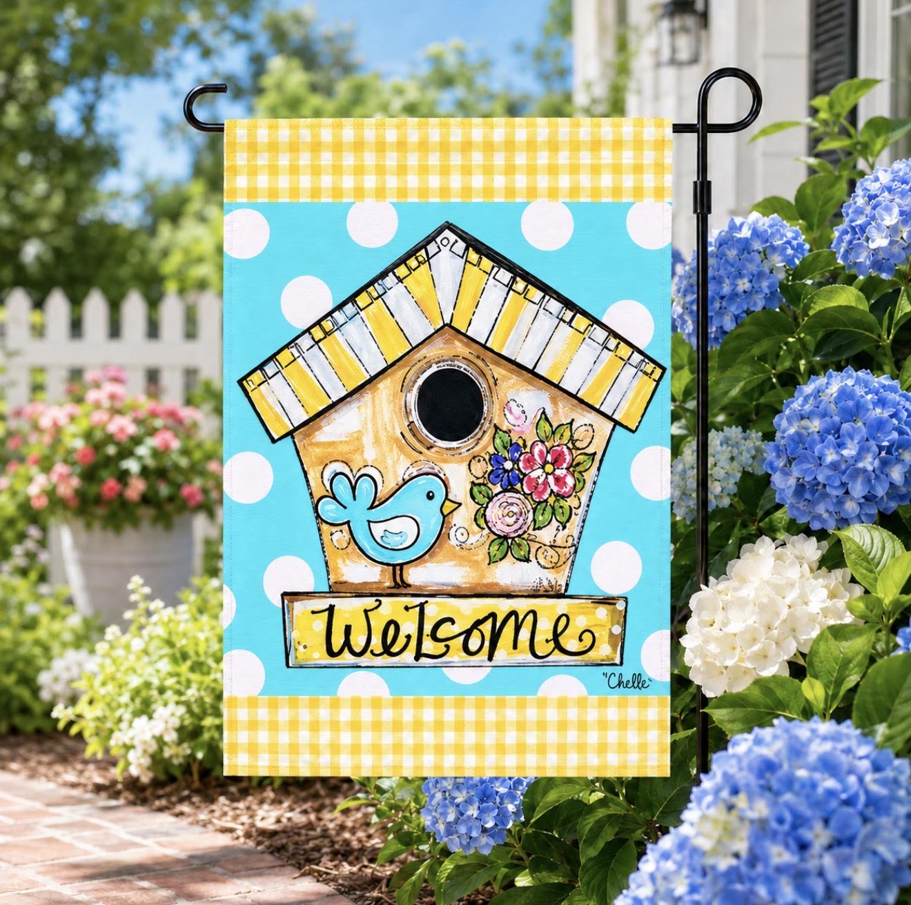 Garden Flag: Bluebird Birdhouse