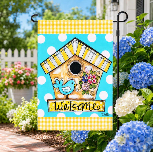 Garden Flag: Bluebird Birdhouse