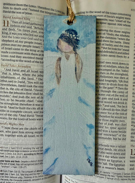 Wood Bookmark with Tassel: Black Haired Angel