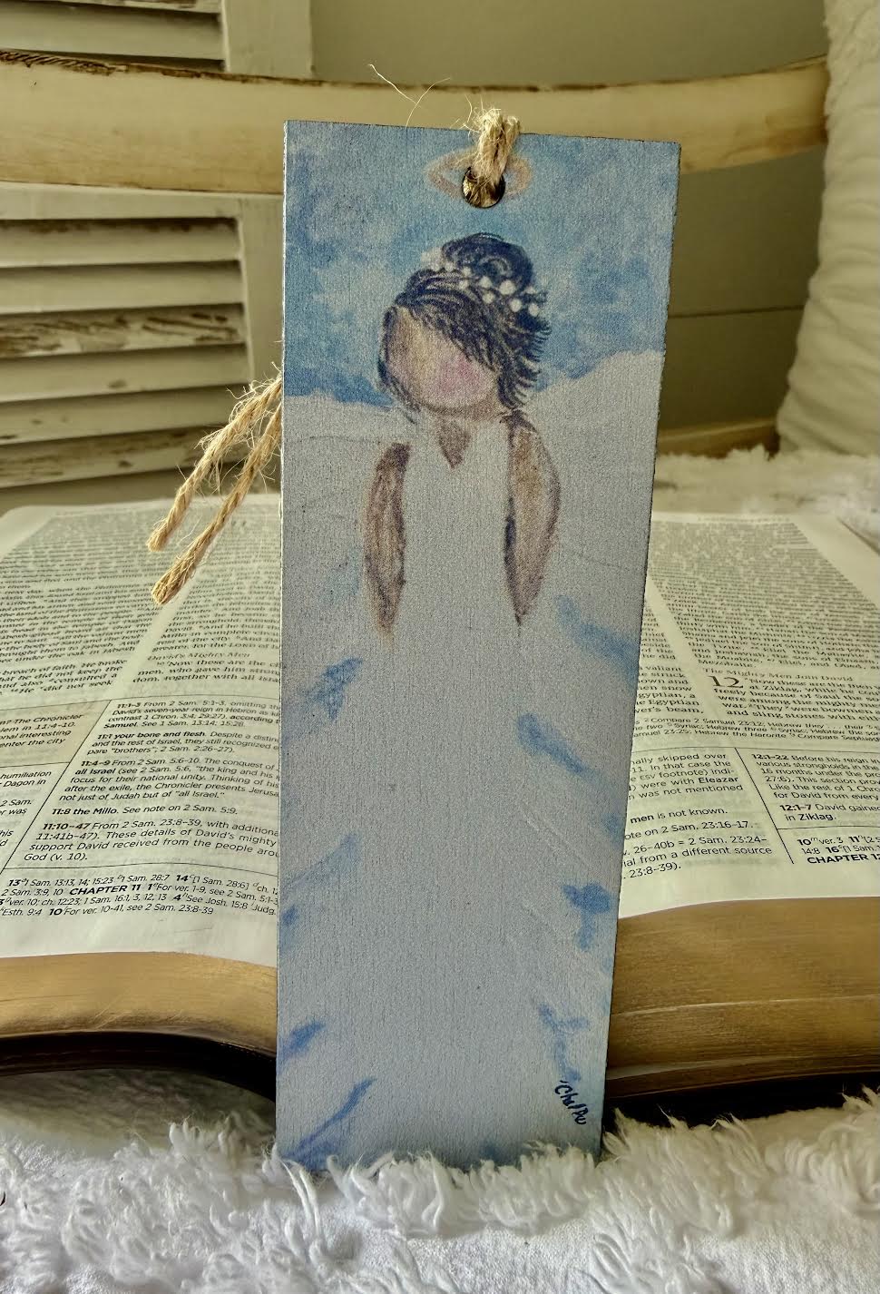 Wood Bookmark with Tassel: Black Haired Angel