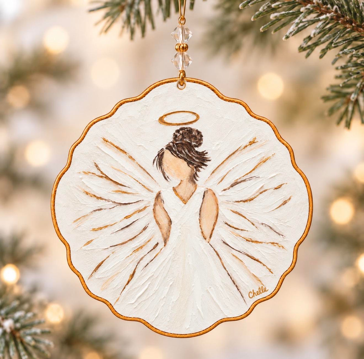 Christmas Ornament:  White/Gold Angel with Black Hair
