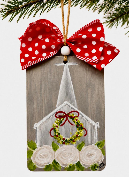 Christmas Ornament; Country Church in Gray