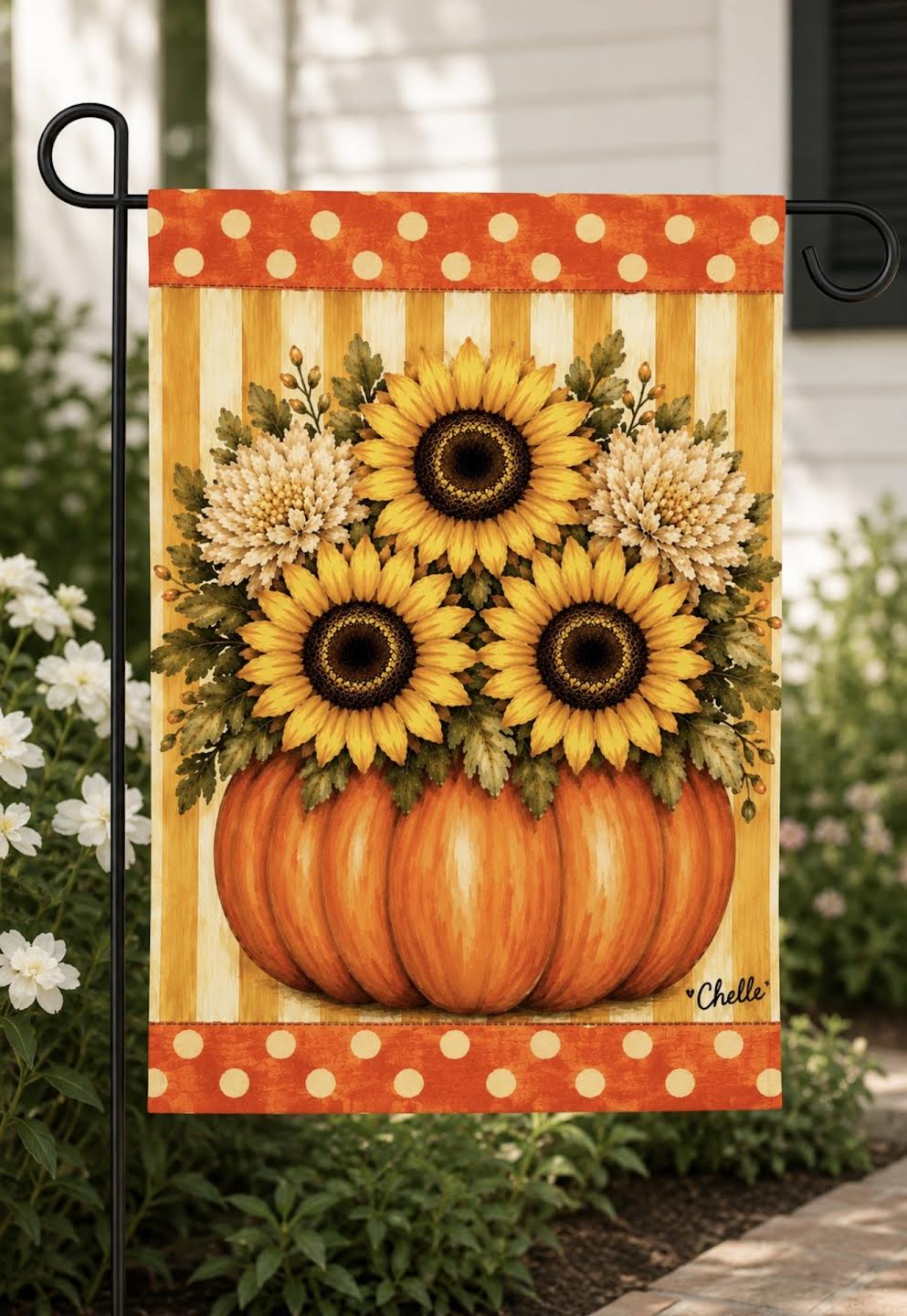 Garden Flag: Fall Flowers & Pumpkin