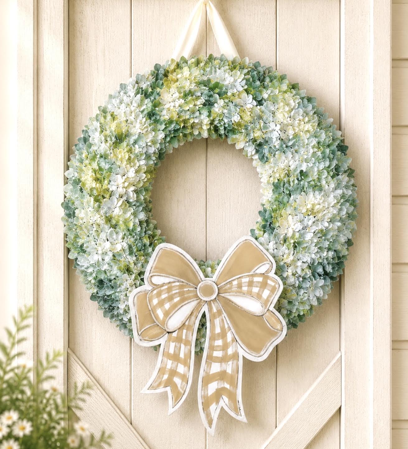 Interchangeable Boxwood Attachment: Beige Bow for Fall