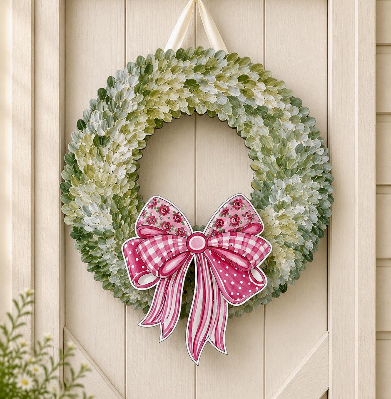 Interchangeable Boxwood Attachment : Handcrafted Pink Bow