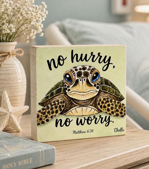 Sea Turtle Happy Block/Matthew 6:34/No Hurry,No Worry
