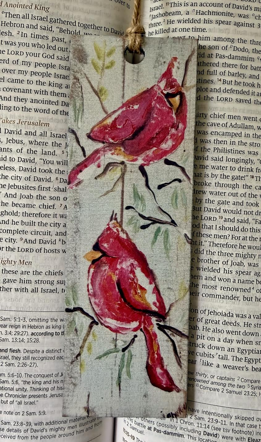 Wood Bookmark with Tassel:  Twin Cardinals