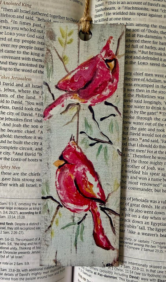 Wood Bookmark with Tassel:  Twin Cardinals