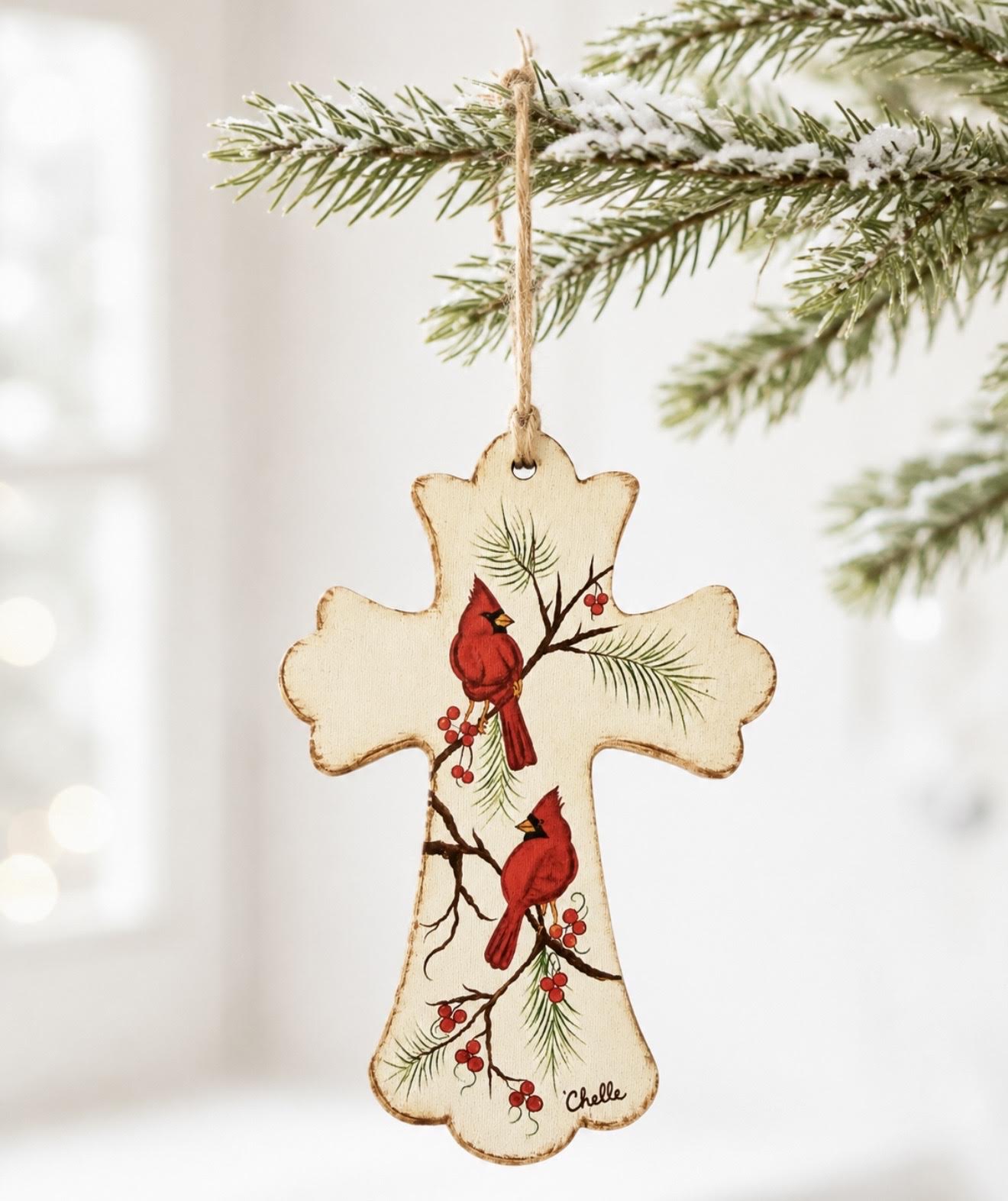 Christmas Ornament: Twin Winter Cardinals Cross