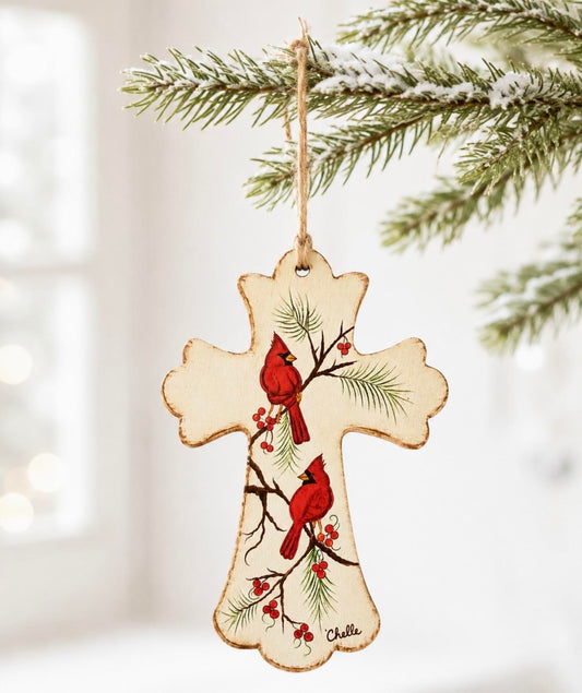 Christmas Ornament: Twin Winter Cardinals Cross