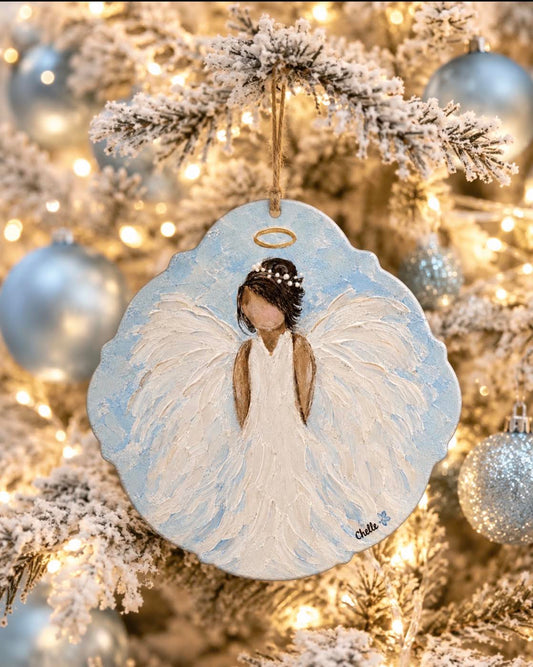 Christmas Ornament:  Black Haired with Blue Background Angel
