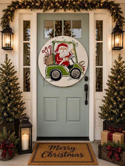 Door Hanger: Christmas, Santa on a Golf Cart