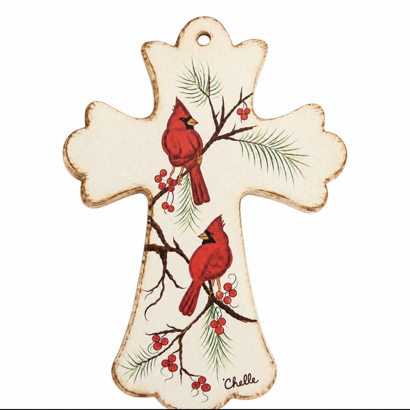 Christmas Ornament: Twin Winter Cardinals Cross