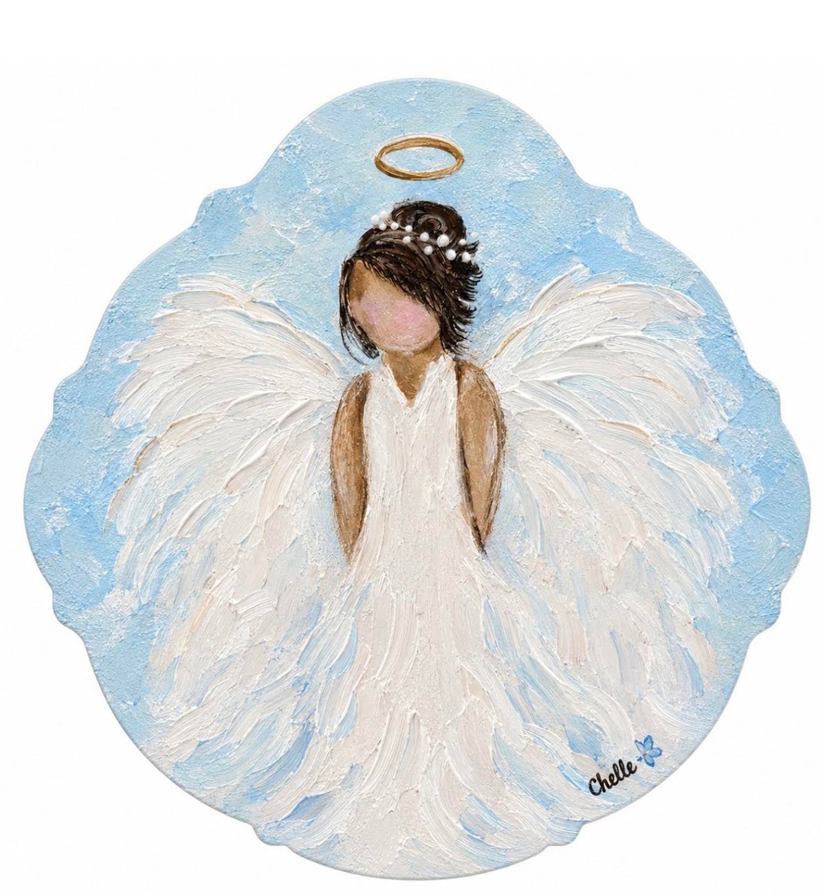 Christmas Ornament:  Black Haired with Blue Background Angel