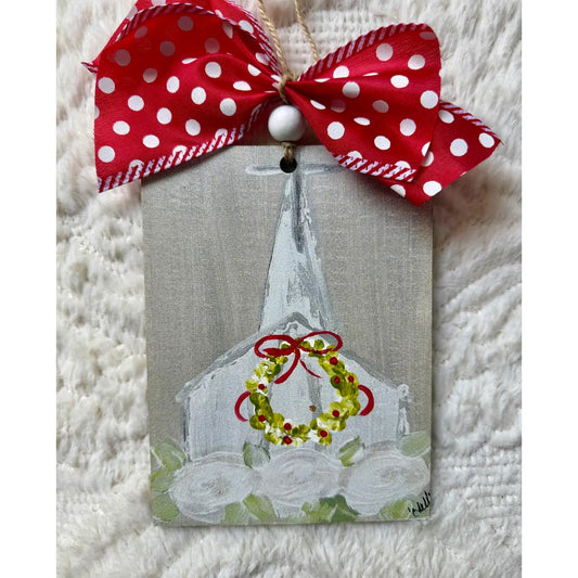 Christmas Ornament; Country Church in Gray