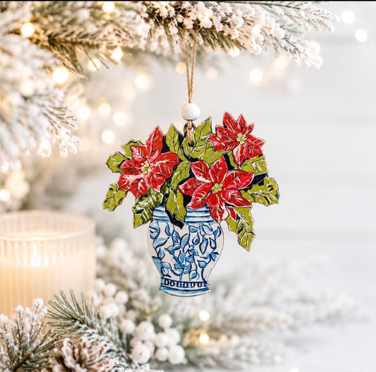 Christmas Ornament: Poinsettias in a Chinoiserie Vase