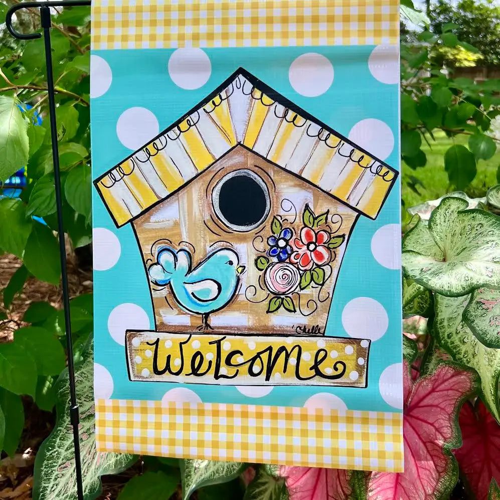 Garden Flag: Bluebird Birdhouse