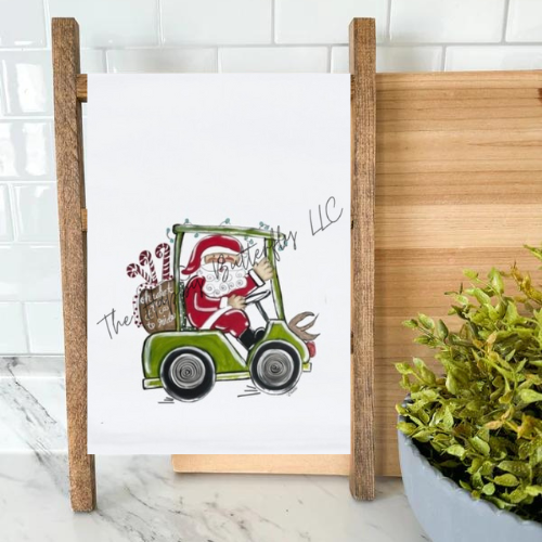 Santa on Golf Cart: Custom Christmas Tea Towel