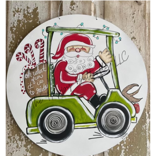 Santa on Golf Cart: Custom Christmas Door Hanger