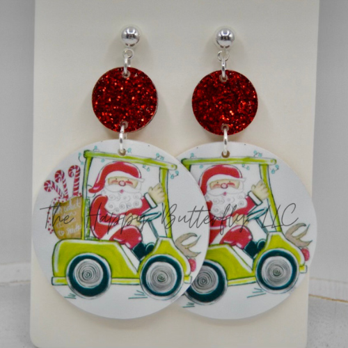 Santa on Golf Cart: Custom Christmas Earrings